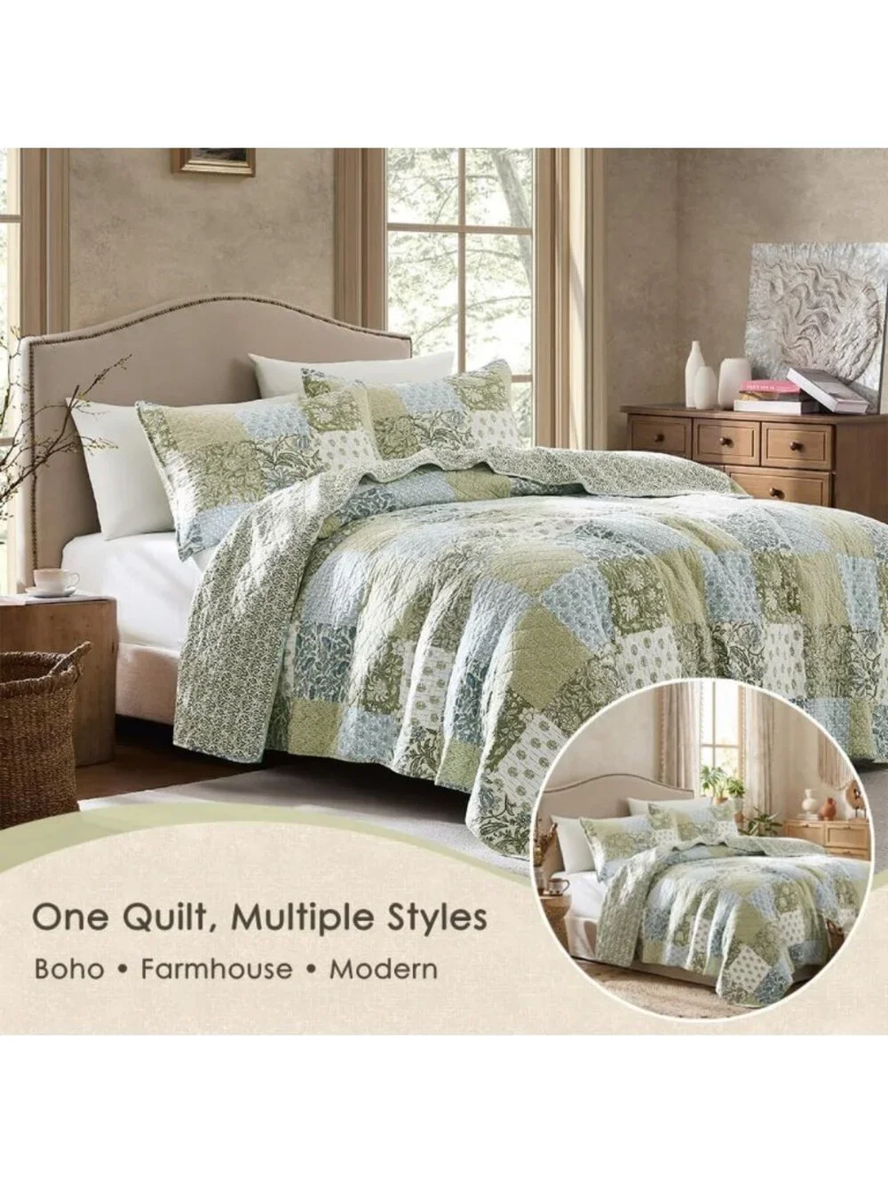 100% Cotton Reversible Patchwork Quilt Set - Queen Size Farmhouse Bedding, Green